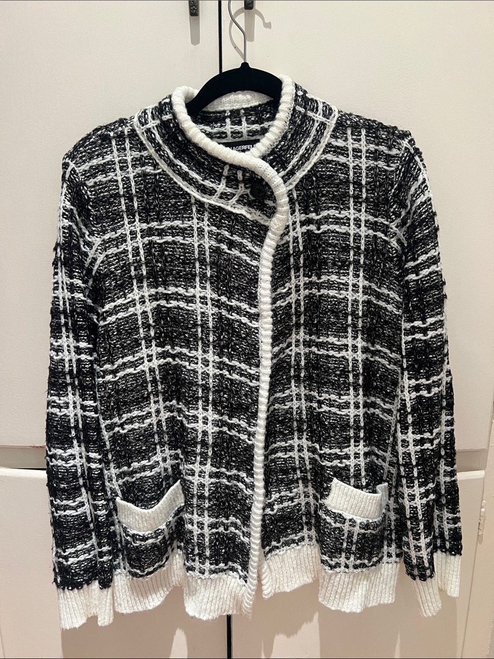 Karl Lagerfeld Black and White Plaid Tweed-Style Jacket